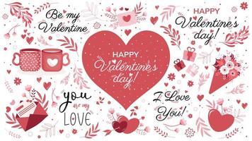 Vector set of elements for Valentine's Day. Inscriptions, hearts, vegetation, flowers, mugs, love letters, bouquet of flowers