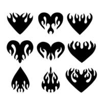 Set of flaming hearts and flames in y2k, 00s, 90s style. Tattoo collection - trendy abstract aesthetic y2k heart, drop and flame, minimal vector compositions, prints and emo graphic design elements.