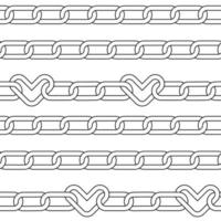 Seamless pattern with chain with hearts links. Emo background black on white background. Linear vector illustration.