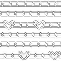 Seamless pattern with chain with hearts links. Emo background black on white background. Linear vector illustration.