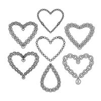 Set of black heart created from chains isolated on white background. Retro 90s design clipart. Chain heart y2k tattoo style. Linear hand drawn vector illustration.