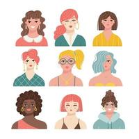 conjunto de retratos de cabeza de mujer. diversos rostros femeninos de diferente edad y raza. felices avatares modernos de personas jóvenes y adultas. paquete de personajes de chicas. ilustraciones vectoriales planas aisladas en fondo blanco vector