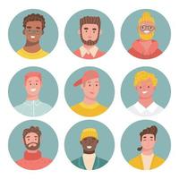 Colorful Male Faces in Circle Icons Set. Bundle of different female people avatars. Collection of colorful user portraits. Men characters faces. Vector illustration in flat cartoon style