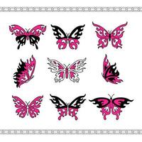 siluetas de tatuajes de glamour y2k. tatuaje de mariposa llama en estilo emo gótico de moda de los años 2000. icono dibujado a mano vectorial. Estética de los 90, 00. rosa, colores negros. vector