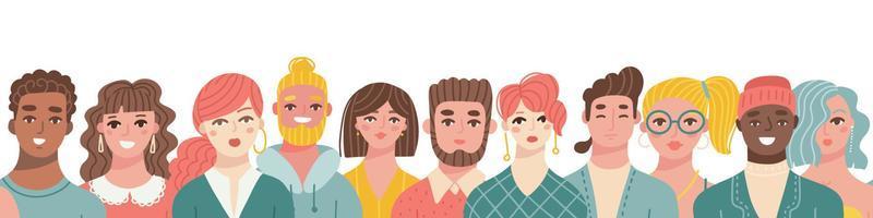 Seamless border made of diverse people crowd isolated on a white background. Group of men and women stand in a row. Social diversity concept. Vector flat hand drawn illustration.