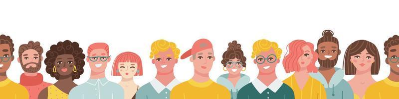 Seamless border made of diverse people in row. Group of young hipster men and women stand in line. Social diversity. Vector illustration in a flat style isolated on a white background.