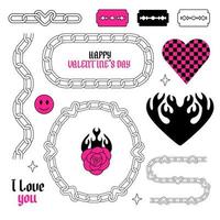 Tattoo art clipart in 1990s, 2000s years style. Y2k groovy stickers. Different emo chains, retro blade, rose, flame, hearts and other elements in trendy psychedelic style. Vector drawn illistration.