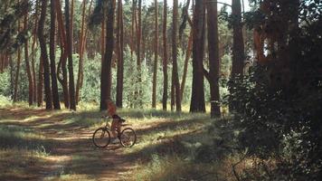 hermosa jovencita conduciendo una bicicleta en el bosque video