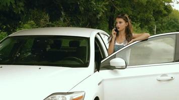 jong aantrekkelijk brunette spreekt Aan een mobiel telefoon in de auto video