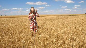 linda mulher de vestido fica no meio do campo com trigo e alisa o cabelo video