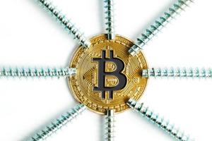 Gears and cogs close up and bitcoin coin white photo