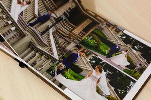 Pages of wedding photobook or wedding album on white background photo
