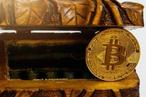 Gold bitcoin treasures crypto currency mysterious autumn leaves old wooden box virtual money photo