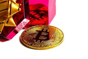 Coin bitcoin in a gift box for a ring or jewelry the concept of crypto currency the best gift photo