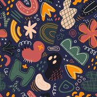 Abstract seamless pattern, cartoon style. Hand drawn irregular shapes with dots, stripes and lines