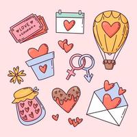 Set of cute Valentine's Day elements, cute cartoon hand drawn style vector