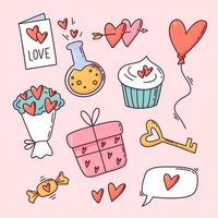 Set of cute Valentine's Day elements, cute cartoon hand drawn style vector