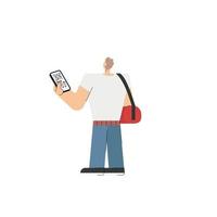 man holding mobile phone with e ticket boarding pass ready for flight departure vector