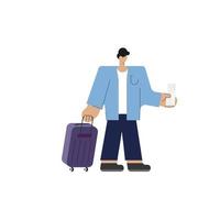 cartoon character man with luggage waiting queue up for boarding airplane or check in at the airport terminal for travel vacation