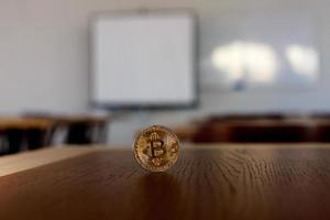 sola moneda bitcoin en un escritorio de madera de cerca foto