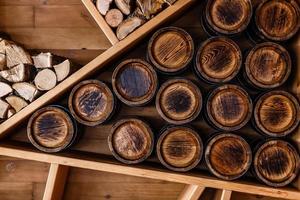 wine barrels decor, background for your vintage decor with vineyard and wooden kegs. photo