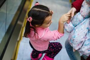 Cute little child standing on moving staircase by the hand with mom photo