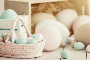Easter background with Easter eggs and spring flowers. view with copy space. photo