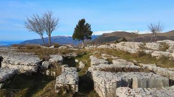 un' largo scenario di un' collina pieno di rocce e spoglio alberi con vario impianti video