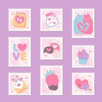 elementos de san valentín sello postal kawaii dibujado a mano pegatinas vector