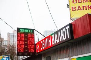 KIEV, UKRAINE - January 3, 2018 Electronic scoreboard with exchange rates in the bank's window in central Kiev, Ukraine photo