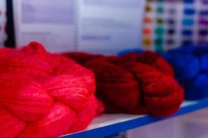 Colored balls of yarn. View from above. Skeins of yarn. photo