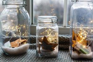 Beautiful lights, garland in a jar with textile. Love or valentine's day concept photo