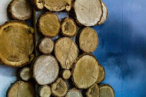 Wooden wood spruce and birch bark sawed wood for decoration photo