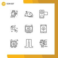 Pack of 9 Modern Outlines Signs and Symbols for Web Print Media such as mixer household camera cooking video Editable Vector Design Elements