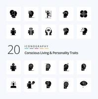 20 Concious Living And Personality Traits Solid Glyph icon Pack like mind key minded brain manipulate vector