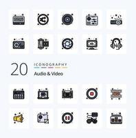 20 Audio And Video Line Filled Color icon Pack like video movie cassette video music vector