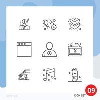 Pack of 9 Modern Outlines Signs and Symbols for Web Print Media such as user down dating window app Editable Vector Design Elements
