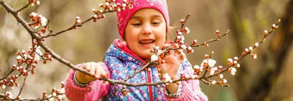 Little girl in garden, under the sakura tree. Spring petal's rain. photo