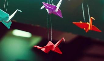 Colorful handmade origami cranes or fantasy birds made of folded paper with complementary photo