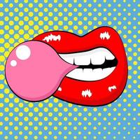 afiche con labios soplando chicle en estilo pop art cómico y fondo de medio tono vector