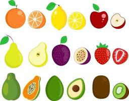 conjunto de diferentes frutas con naranja, limón, manzana, aguacate, fresa, papaya, maracuyá, kiwi y pera vector