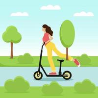 Girl riding an electric scooter in a park vector