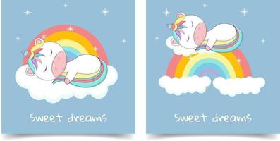 listo para la invitación de la fiesta de bienvenida al bebé o tarjetas de felicitación con un lindo unicornio durmiendo en el arco iris. vector