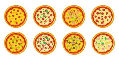 juego de pizza con diferentes rellenos. vector illustration.view desde arriba.