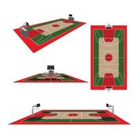 una cancha de baloncesto con textura de madera dura vectorial realista con baloncesto en la cancha central. eps 10. El archivo contiene transparencias. vector