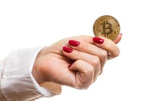 Female hand holds bitcoin isolate bitcoins and new virtual money concept photo
