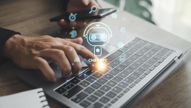 ChatGPT Chat with AI or Artificial Intelligence. woman chatting with a smart AI or artificial intelligence using an artificial intelligence chatbot developed by OpenAI. photo