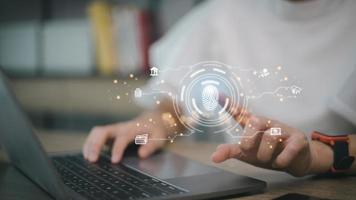 futuristic digital processing of biometric identification fingerprint scanner for access personal financial data. surveillance and security scanning of digital programs cyber futuristic applications photo