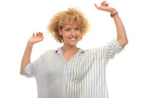 happy beautiful blonde women holding fairy gold star wand photo