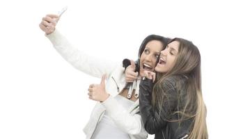 attractive and smiling friends taking selfie photo